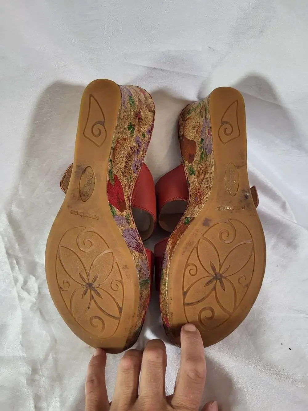 Born Red Leather Floral Cork Wedge Slide Sandals